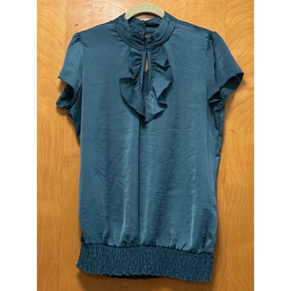 Maurices Womens Ruffle Neck Keyhole Satin‎ Feel Top Elastic Waist Teal Sz L